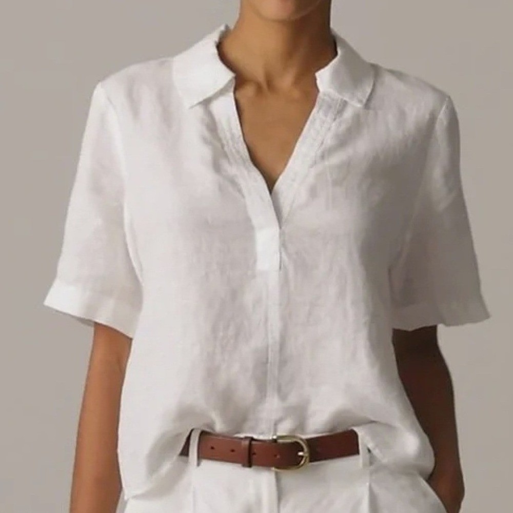 J. Crew Bungalow Popover Short Sleeve V Neck Top Linen White XS